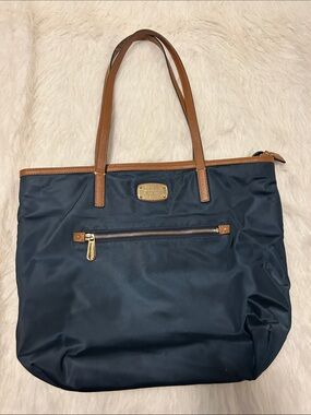 Michael Kors Navy Tote with Brown Leather Trim and Gold Hardware